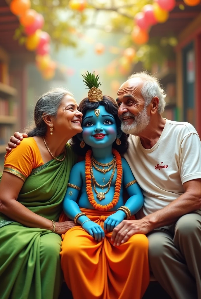 Generate an old cute couple around 60 years old Krishna sitting between them, on the girl's green saree written ramila and on boy's white t-shirt written Raghav, photo with bright colours