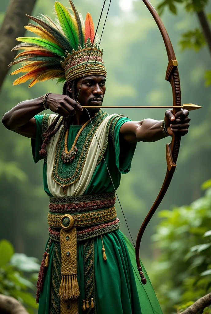 Orisha Oxossi shooting arrow in green and white tunic,Hat with feathers. On your neck, a green tab.