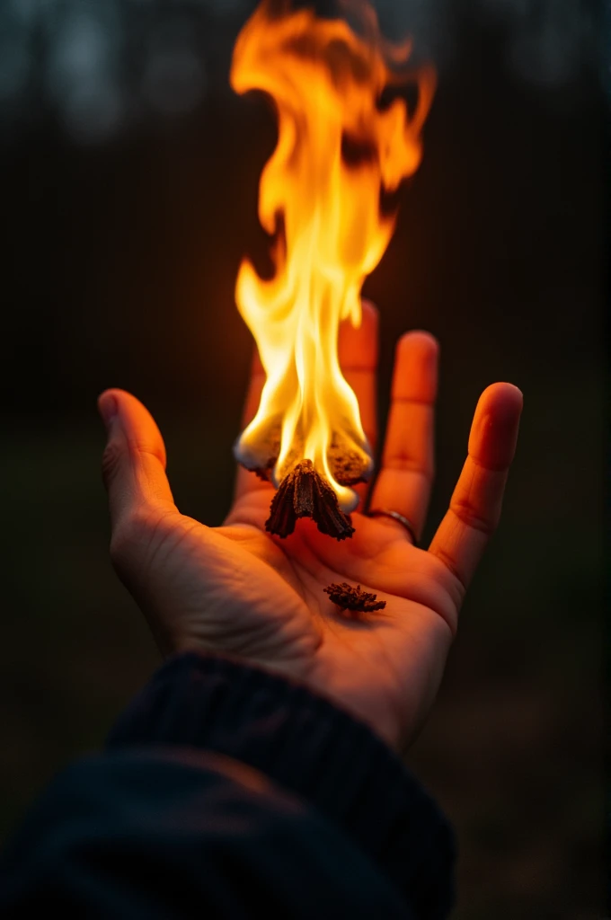 A human hand raising from the ground with fire