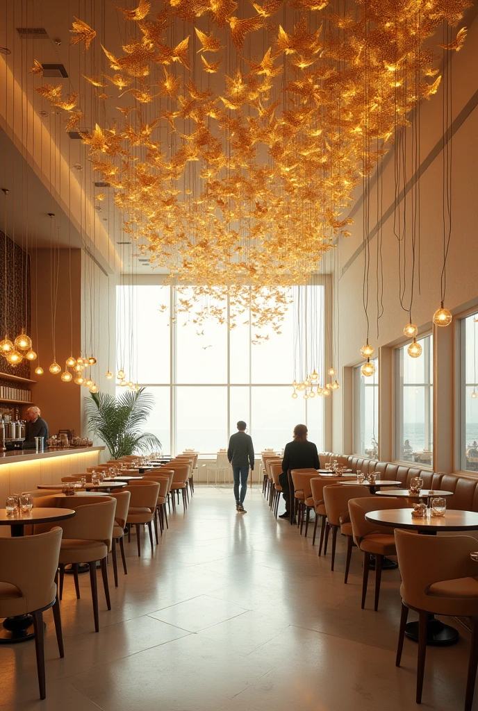 Aesthetic Interior design of a cafe with the concept of murmuration and fluidity and a lots of gloden bird hanging in ceilings in motion