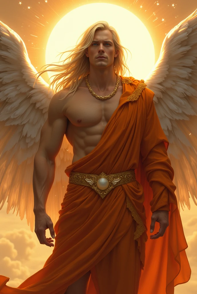Create a full body angel, naughty man, masculine with androgynous features. Your posture should convey power, authority and splendor. Your hair should be long and blonde with a golden hue.. Your eyes should be white as a cloud. He must wear an orange toga with gold details.. Your skin should be white. Your features must be austere and harmonious. The blazing sun must be behind him in evidence like a halo over his head.. Zodiac symbols should appear in the image. Your artistic skills are crucial to bringing this majestic work of art to life.