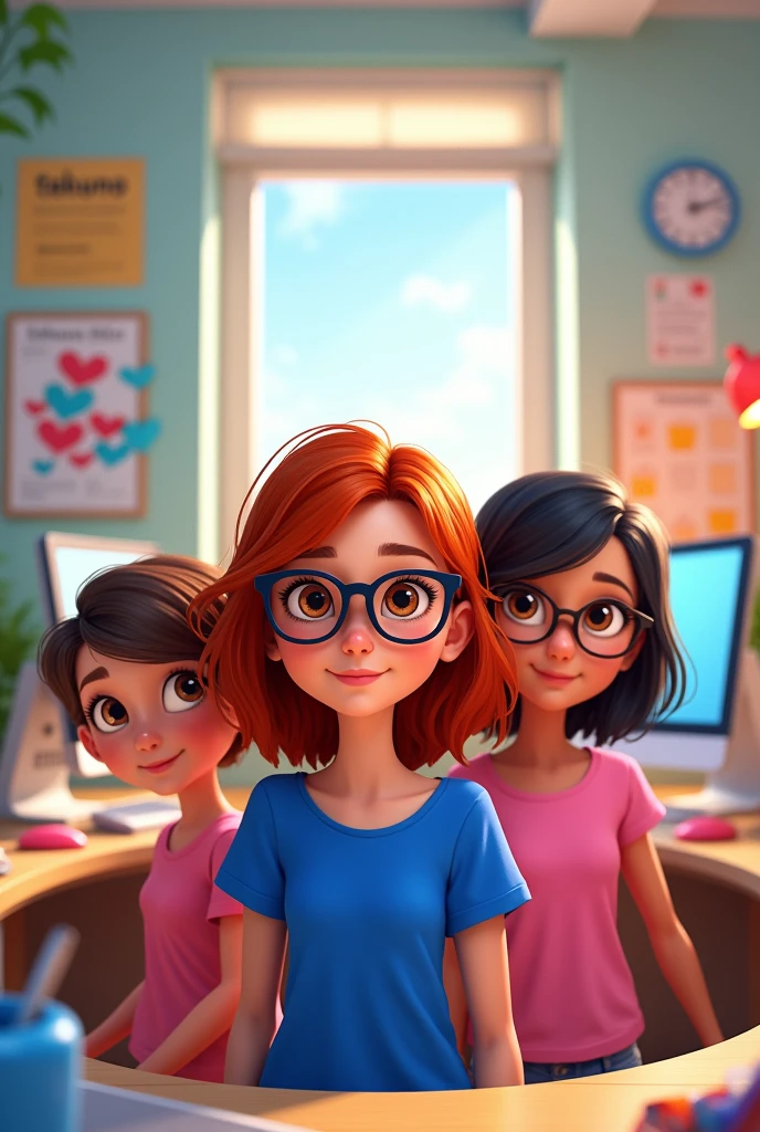 Pixar-style poster of three girls with brown eyes, A girl with medium-length brown hair and a royal blue shirt of medium height, another girl with short red hair with black glasses, short royal blue t-shirt and another girl with medium-long black hair wearing a pink t-shirt in an office with two desks, two computers and a poster with the word Tekuno
