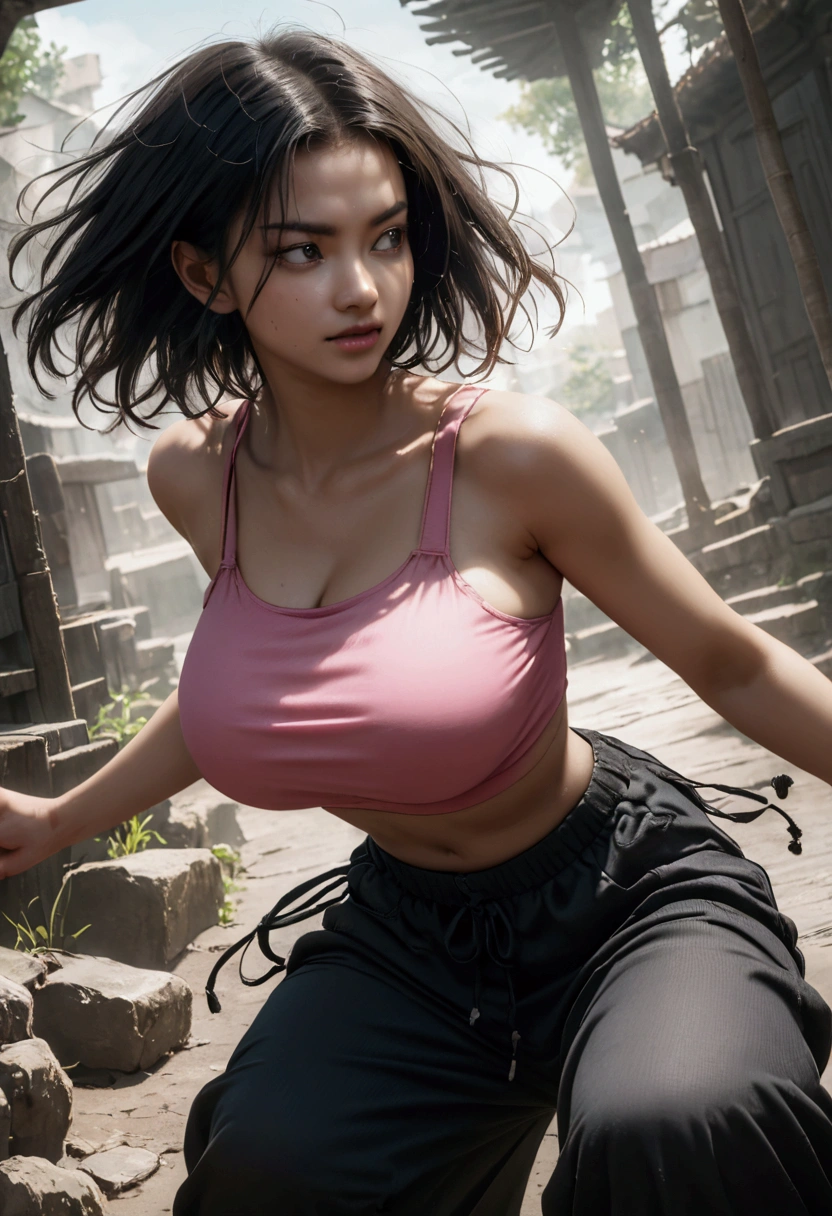 Short black haired girl with a pink crop top and black baggy pants with a badass look