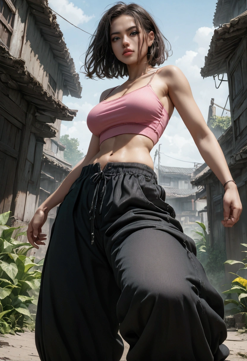 Short black haired girl with a pink crop top and black baggy pants with a badass look