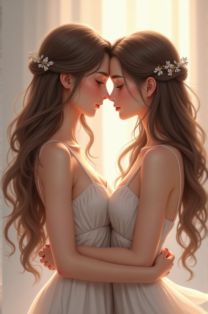 2 beautiful girls long hair looking each other very close to each other very