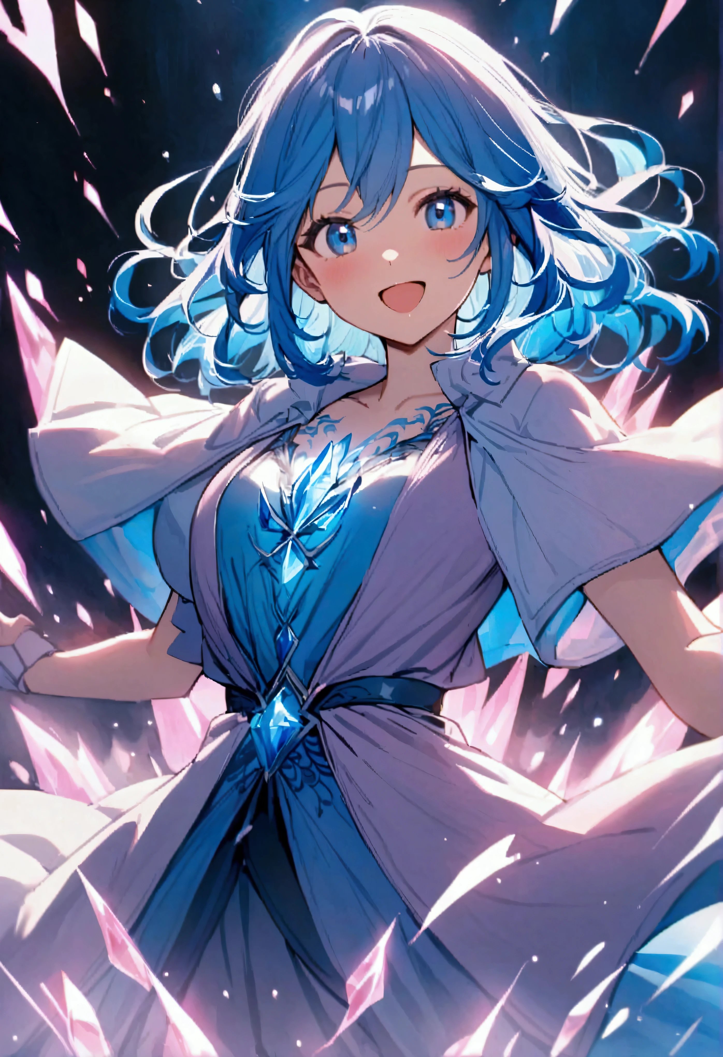 Teenage girl, tidy hair, medium length hair, multicolored pink and blue hair, excited smile, blue colored eyes, long pink shirt, loose blue short sleeved overcoat, blue tattoos on the body, aura of ice