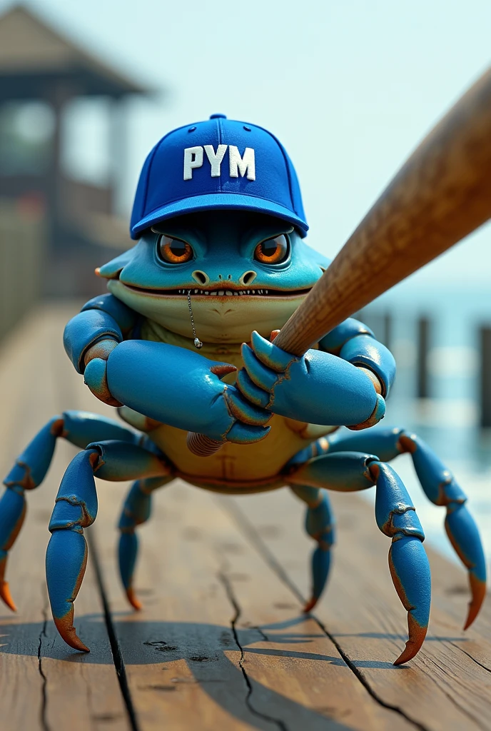 Blue crab with a baseball bat in batting position with a blue cap that says PyM on the front