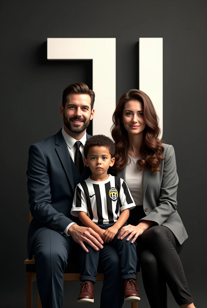 Husband's Family Photo, wife and 1 son with writing towards 10K Sitting on a chair surrounded by the Juventus football club logo, facing forward, HD Realistic