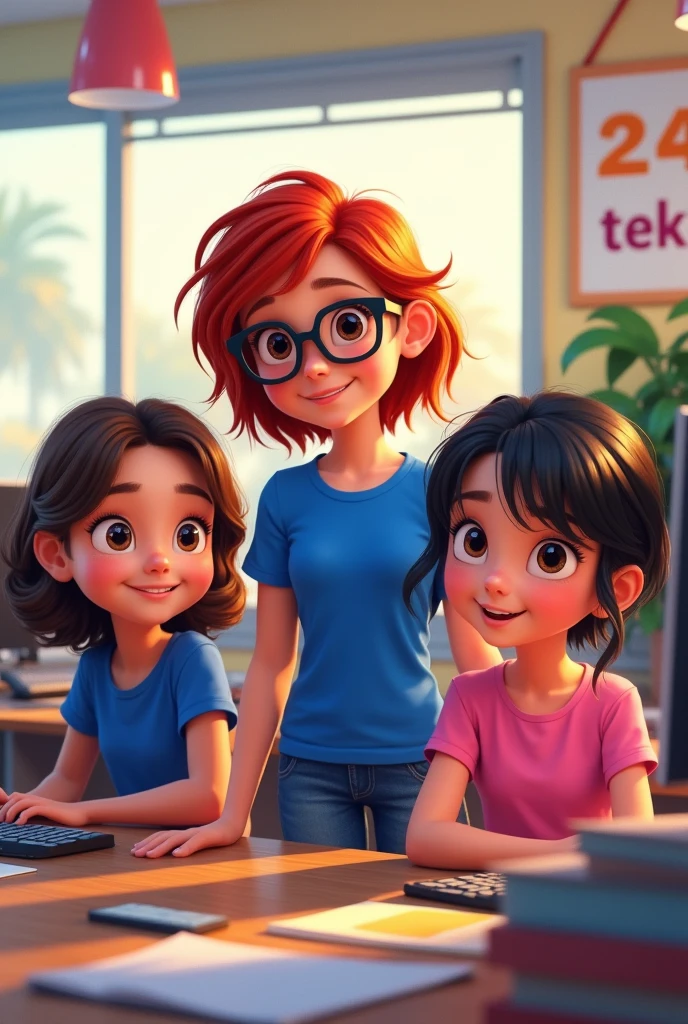 Pixar-style poster of three girls with brown eyes, A girl with medium-length brown hair and a royal blue shirt of medium height, another girl with short red hair with black glasses, short royal blue t-shirt and another girl with medium-long black hair wearing a pink t-shirt in an office with two desks, two computers and a poster with the word Tekuno