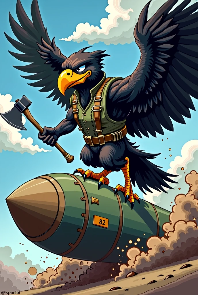 Cartoon of a muscular black hawk with a yellow beak wearing a military pilot uniform, riding a mk 82 bomb, with an axe on one wing, with the Argentine flag in the background
