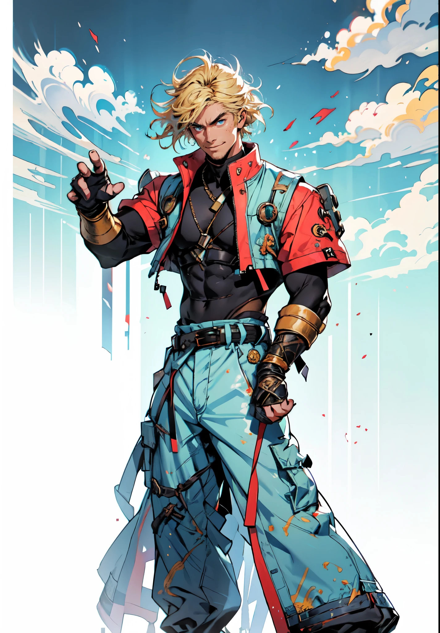 (masterpiece:1.2, best quality:1.2, extremely delicate:1.2), ((male:1.5)), a young man with blonde hair, wearing a red baseball cap backward, messy bangs windblown, a handsome face, a lazy gaze, a confident smile, a fantasy-realism style blue work vest jacket, underneath is a dark blue denim long robe with a long hem, a leather belt, loose coarse cloth trousers, strikes a kung fu pose in a horse stance, as fallen leaves are swept up by a whirlwind around him, this character embodies a finely crafted fantasy-realism style kung fu warrior in anime style, exquisite and mature manga art style, dramatic, high definition, highres, ultra-detailed, ultra-fine painting, professional, perfect body proportions, golden ratio, anatomically correct, symmetrical face, extremely detailed eyes and face, high quality eyes, creativity, RAW photo, UHD, 32k, Natural light, cinematic lighting, (masterpiece-anatomy-perfect:1.2)