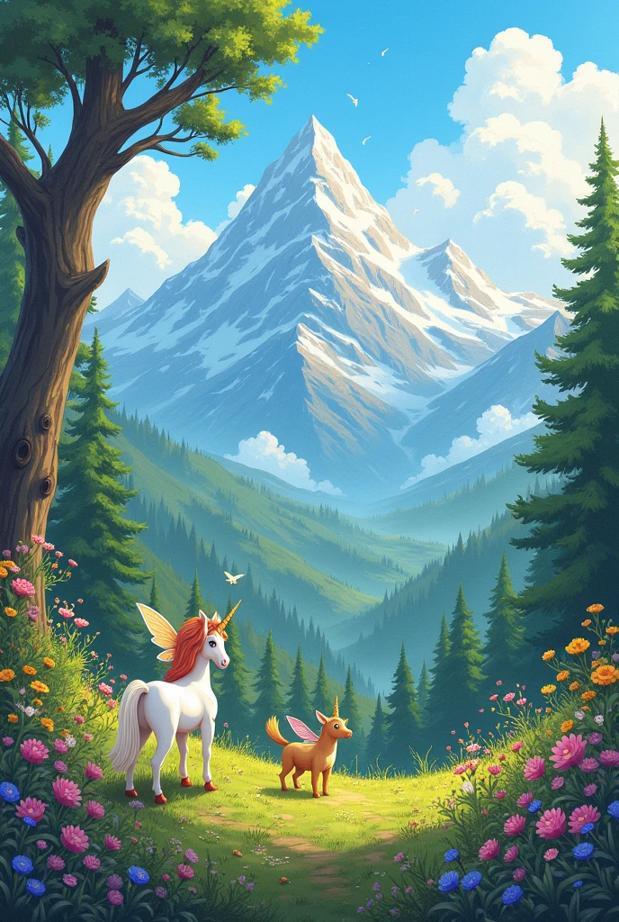 draw and create a fantastic land with forests, mountains and flowers for kids
