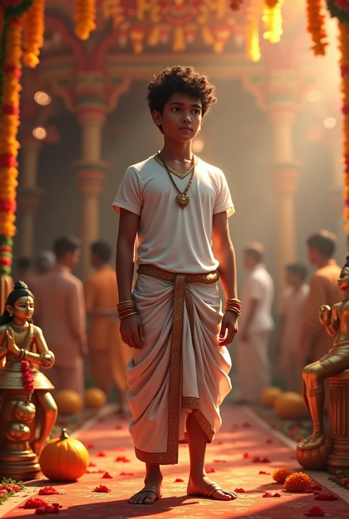 Janmashtami with a 20 year old boy in white t shirt colour name Amit and dhoti on t shirt with krishna brass murti
