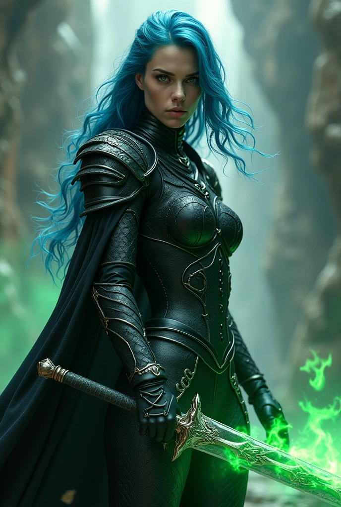 (photorealism:1.2), beautiful woman, black dragon armor, blue hair, Thigh high boots, green flame sword