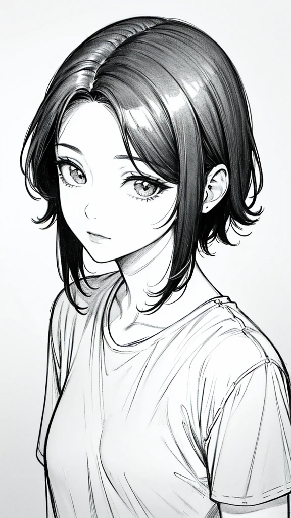 1 woman, alone, monochrome, grayscale, black short hair, portrait, t-shirt, closed mouth, looking at viewer, sketch, graphite \(middle\), small lips, hatching \(group\), Without makeup, upper body, (best illustration), (best quality), (very detailed), (masterpiece), forehead, 20s girl, small eyes, bangs,