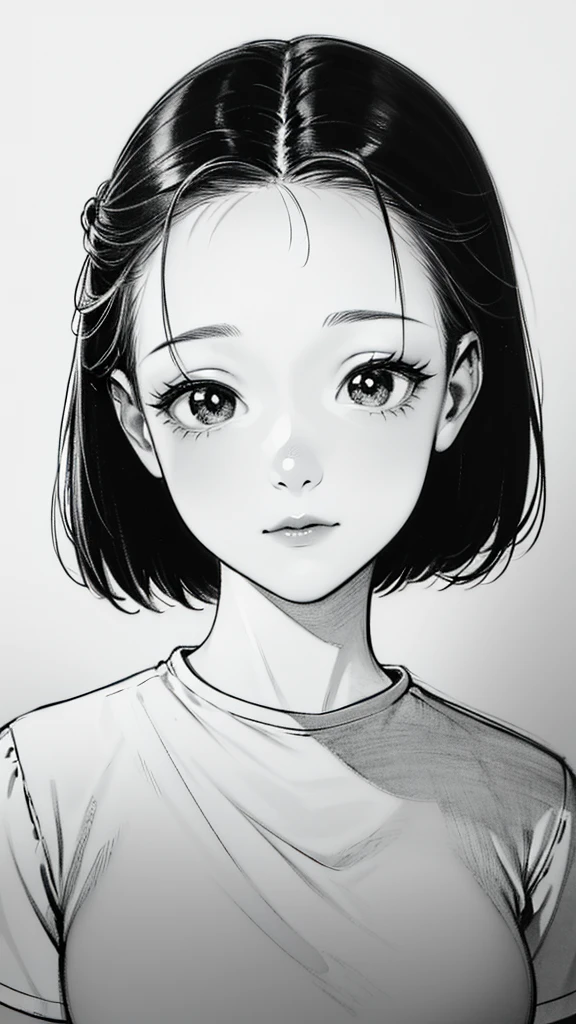 1 woman, alone, monochrome, grayscale, black short hair, portrait, t-shirt, closed mouth, looking at viewer, sketch, graphite \(middle\), small lips, hatching \(group\), Without makeup, upper body, (best illustration), (best quality), (very detailed), (masterpiece), forehead, 20s girl, small eyes, bangs,