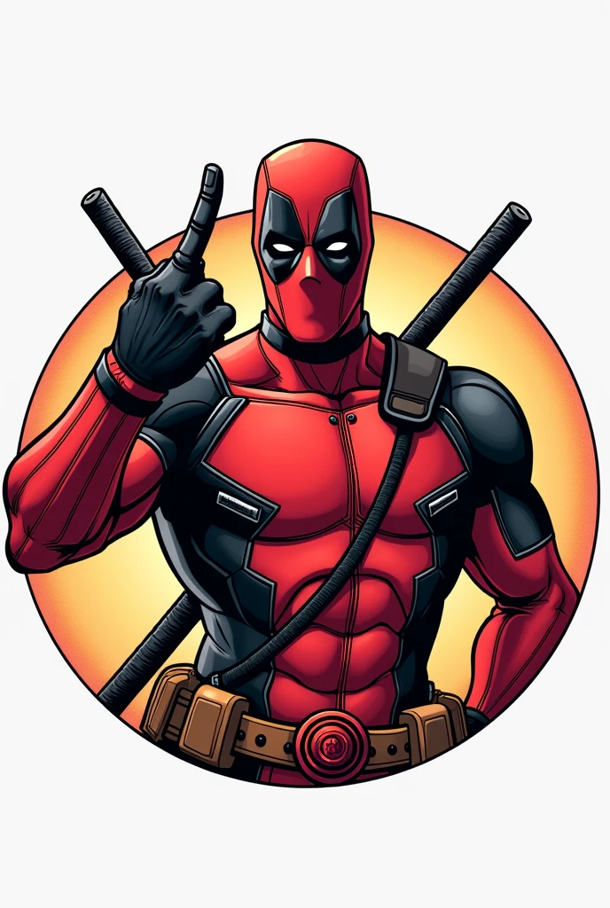 Create a circular manga-style icon panel of Deadpool giving the middle finger