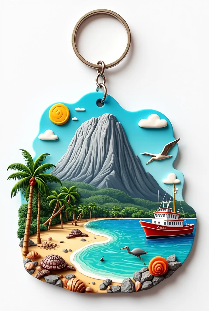 image for a rubber keychain, I need to gather several images of tourist attractions in a city, has as its main feature a mountain of gray stone, beachfront, coconut tree, sea turtle, heron, big fishing boat, shell shell and snail shell, with the name of the city of Piuma