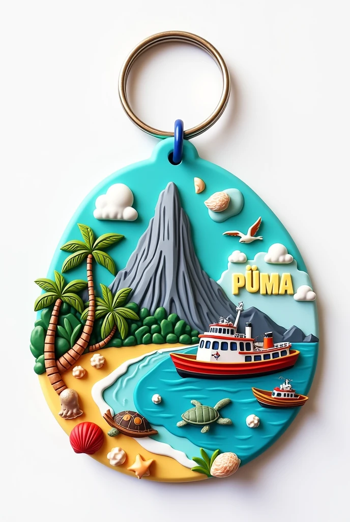 image for a rubber keychain, I need to gather several images of tourist attractions in a city, has as its main feature a mountain of gray stone, beachfront, coconut tree, sea turtle, heron, big fishing boat, shell shell and snail shell, with the name of the city of Piuma