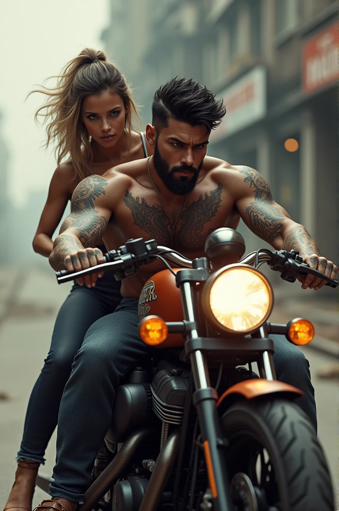 Strong man with black hair and some tattoos riding a motorcycle, a girl with light brown hair with some blonde streaks on her rump