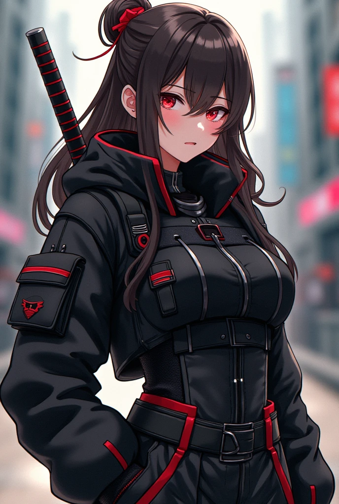 anime girl with long dark brown hair and red clip in hair and red eyes wearing black non revealing puffy techwear with red accents and utlitity belts and katana on back in my hero academia art style