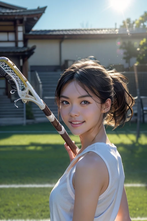 (8k, RAW photo, best quality, masterpiece), (photorealistic), outstanding details, ultra-high resolution, anatomically correct, textured skin, (Extremely precise and accurate anatomy),
Ultra Detailed Face, Detailed Eyes, 

(Cute Japanese girl), 
Lacrosse player, tanned skin, smiling face, holding Lacrosse stick, Running, Ponytail, Field lacrosse, 
Medium Breast, 

(backlighting), 
reflection light, 
atmospheric perspective, depth of field, 
(dramatic lighting), cinematic lighting, 