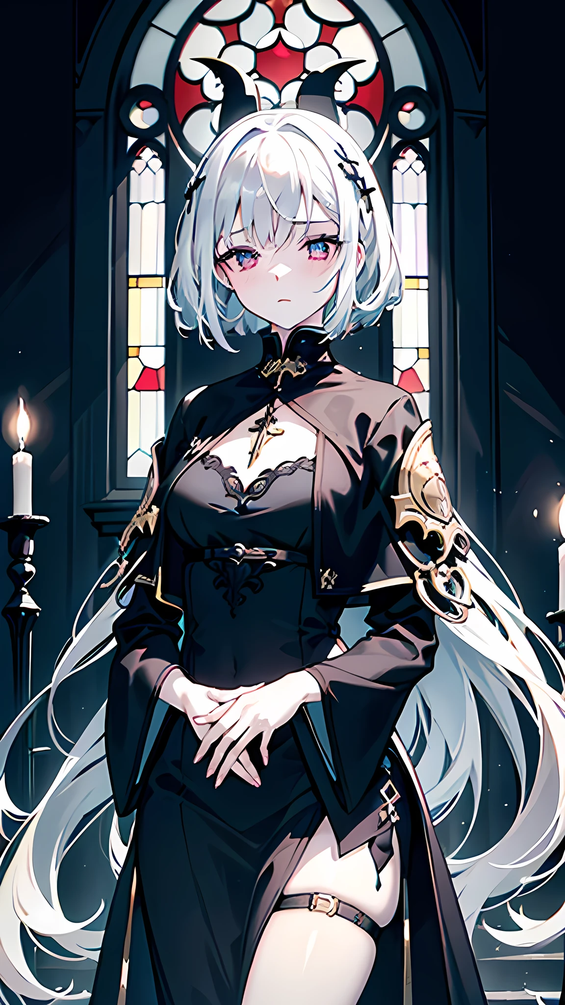 Ultra-detailed and exquisite facial features of a lone young girl.
Silver colored hair, Red irises, intricate and detailed paired of eyes, Short intricate hair.
Her expression is detailed, and she stands with a graceful posture, her hands clasped together in front of her chest with fingers interlocked. The atmosphere is dreamy, with expressive brush strokes and a mystical ambiance, creating an artistic interpretation with a small and fresh aesthetic.
She wears a traditional ornate black and white religious robe with gold accents and crosses, plain and simple attire but detailed, embodying gothic fashion.
Her pale skin has a gentle blush on the cheeks, and she has doe eyes with scarlet irises.
The setting is inside a grand, old cathedral with high arched windows and stained glass, characterized by dark lighting.
The background includes gothic architectural elements, contributing to a somber yet serene atmosphere.
Dramatic lighting and pale golden light illuminate the scene, casting soft shadows. The overall mood is dark and gothic, with the girl's conservative clothing emphasizing the theme. She appears to be around , with Patsun bangs, and the image should be of the highest quality.