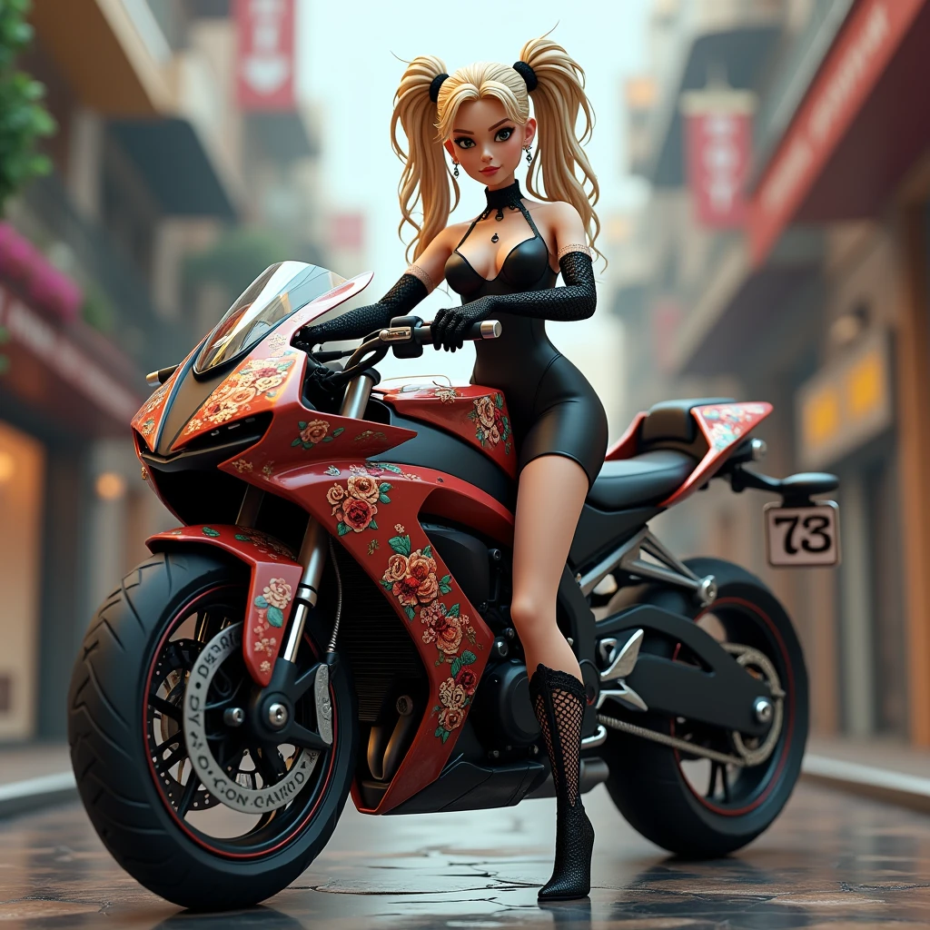 A digitally 3d rendered image of a female character with long wavy blonde hair tied in two ponytails. She is wearing a black dress, black lace gloves, and black ankle boots. The female character is sitting confidently on a detailed motorcycle. The motorcycle has a design featuring roses and the word 'BIGURILHAS 'written on it. The background is multi.