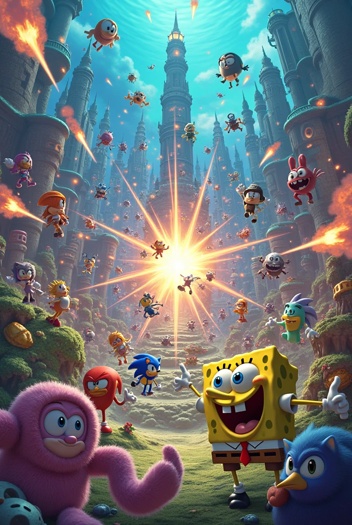 A war between the SpongeBob universe, Patricio, Calamardo, Sandy cheeks, Mr. Crab, plankton, Gary the snail, Mrs. Puff, mermaid man and barnacle boy, Larry the Lobster, Karen the plankton robot, Bubble bass, Manta Ray and Perlita vs the universe of Sonic the Hedgehog, miles tails, knuckles the echidna, Amy Rose, Cream the rabbit rush with cheese the chao, Blaze at the ready, Silver the hedgehog, el doctor Eggman Robotnik, Shadow the Hedgehog, Metal Sonic, Rouge the Bat, Vector the crocodile, Espio the chameleon and Charmy the bee