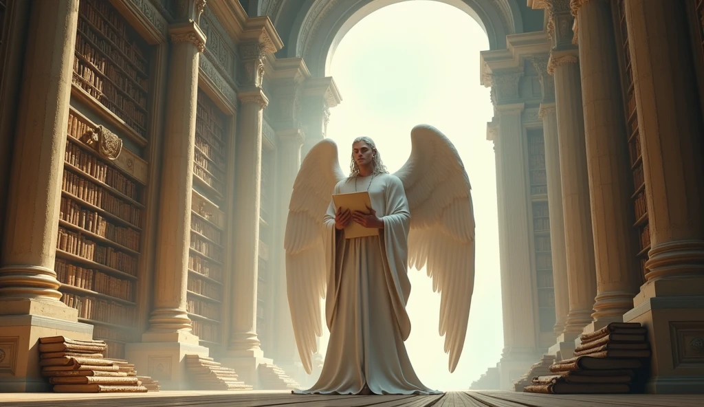 A young mid 20s white albino male angel, athletic body, handsomely beautiful, 9' 0" tall, with lavender color eyes, having long white hair, wearing pearl white robe, standing in a massive library in heaven, reading a scroll, UHD, 3D, 32K, detailed, realistic, Style Raw, masterpiece, cinematic