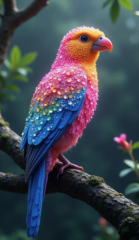Forbes Diamond「bird on the tree」teeth、The protagonist is portrayed naturally and realistically.。, Highly detailed and photorealistic, Render the background, Photorealistic concept art, Hyperreal Rendering, Red realistic 3D rendering, Bird Society, Photorealistic images, Highly detailed and photorealistic, Ultra-realistic detailed rendering, Realistic detailed images, Highly detailed rendering, High quality rendering,((A fictional bird with many small colorful diamonds on its body.))Fluorescent bird,His whole body is covered in colored gems
