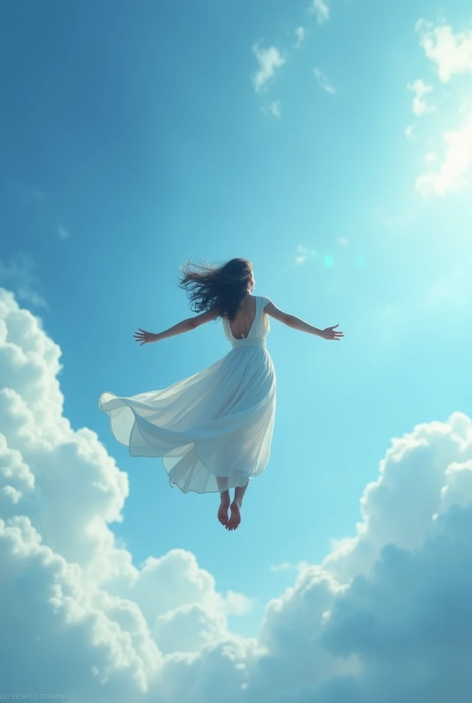 Back view of a woman flying with her arms outstretched in the sky