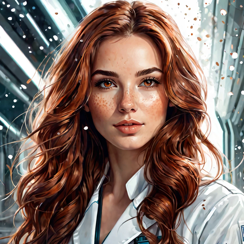 Semi realistic illustration portrait of beautiful young woman, white, long wavy copper brown hair, brown-eyed. rectangular face, splattered nose, fine and soft facial features, thick lips, charming look. Pharmacogeneticist doctor in a futuristic science fiction world. 
