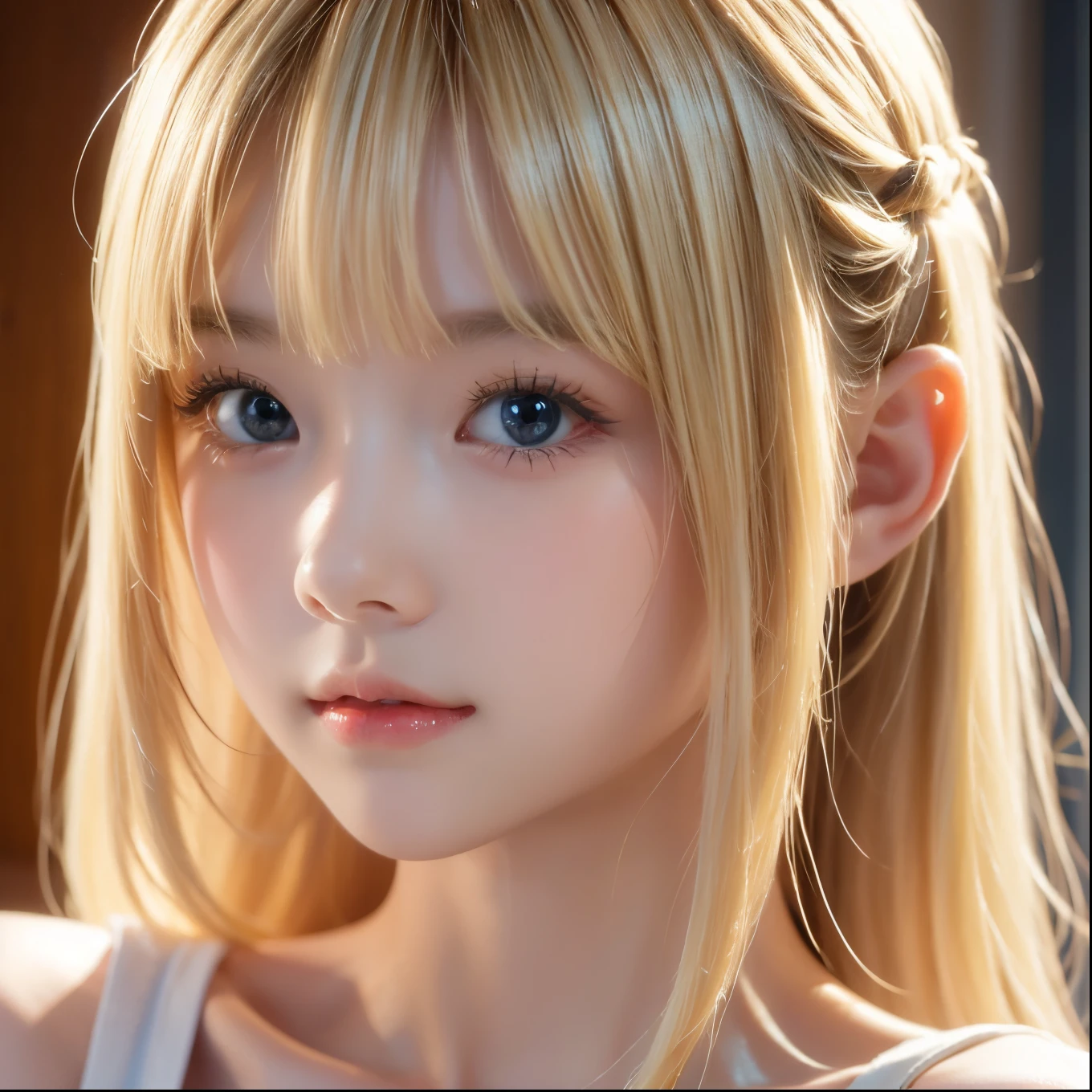 Swimsuit、(Realism:1.4)、(Improved movie lighting quality:0.9)、32K、1 girl、Very cute expression、A beautiful blonde girl、Realistic top lighting、Backlight、Face lighting、Extra Long Platinum Blonde Silky、美丽的Bangs、Bangs、Ray Tracing、(Bright Light:1.2)、(Quality Improvement:1.4)close up、t-shirt、(Enhanced body lines:1.1)、(Enhances the beauty of skin texture:1.1)