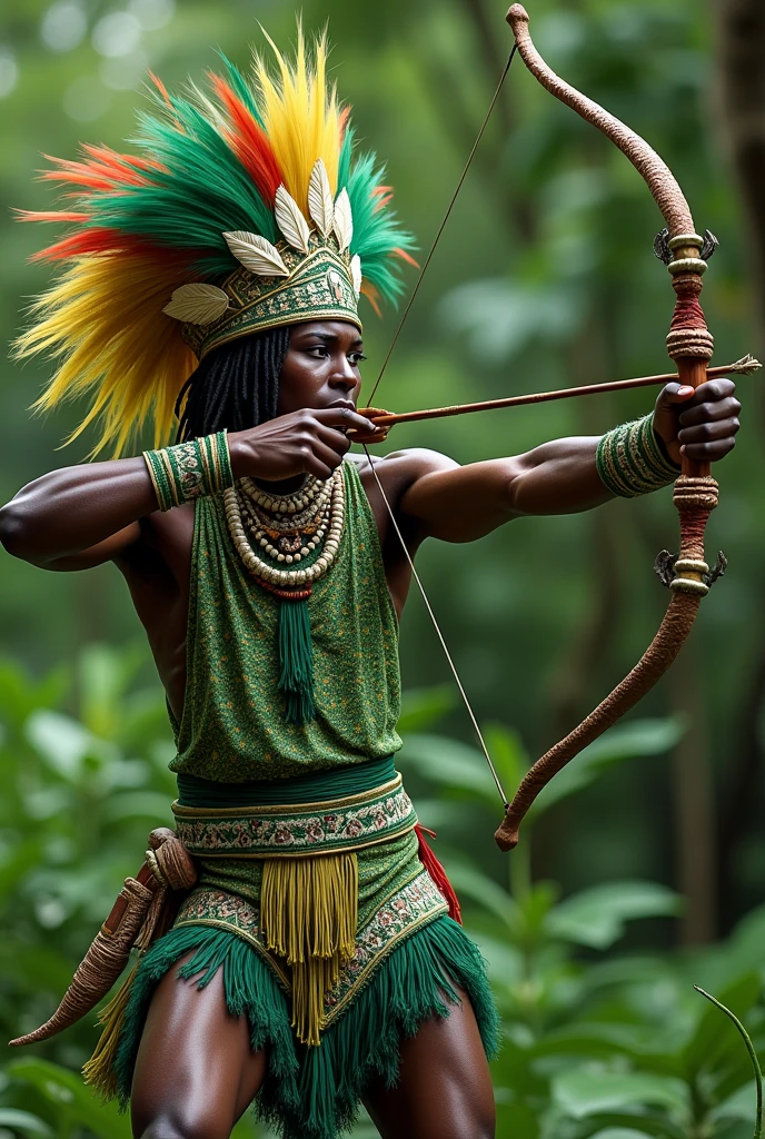 Orisha Oxossi shooting arrow in green and white tunic,Hat with feathers. On your neck, a green tab.