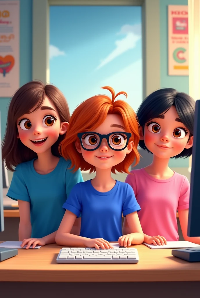Pixar-style poster of three girls with brown eyes, A girl with medium-length brown hair and a royal blue shirt of medium height, another girl with short red hair with black glasses, short royal blue t-shirt and another girl with medium-long black hair wearing a pink t-shirt in an office with two desks, two computers and a poster with the word Tekuno