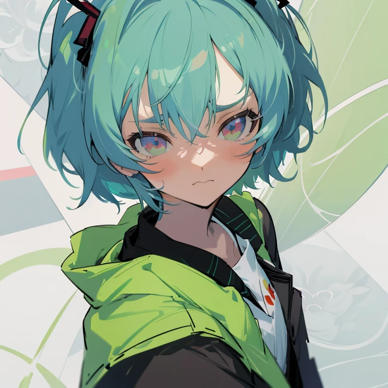 
a close up of a person with green hair and a black jacket, anime moe artstyle, rogue anime girl ayanami rei, senko-san, hatsune miku short hair, in an anime style, flat anime style, iwakura lain, gapmoe yandere, frowning, close up iwakura lain, ayanami
High Resolution, Best Quality, Sparkle, 