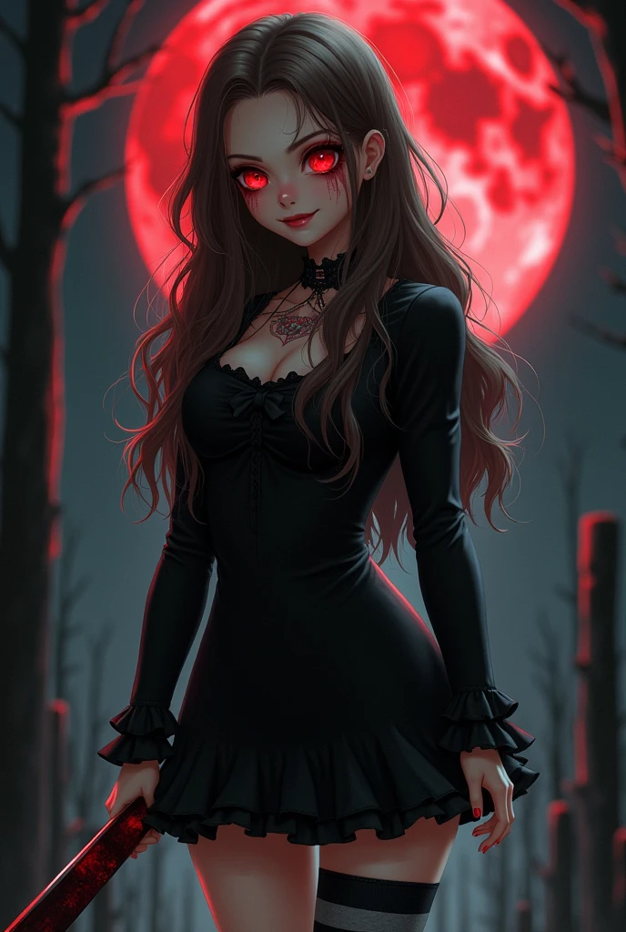 ((best quality: 0.8)), ((masterpiece)), (detailed), 1girl, Beautiful face, long, brown, wavy hair, short black dress with long sleeves, black and gray striped socks, black boots, red eyes beautiful, fair skin, skull tattoo, beautiful smile.knife in hand,(glowing eyes:1.4), (Blood face) horror, creeppypastas, blood moon background