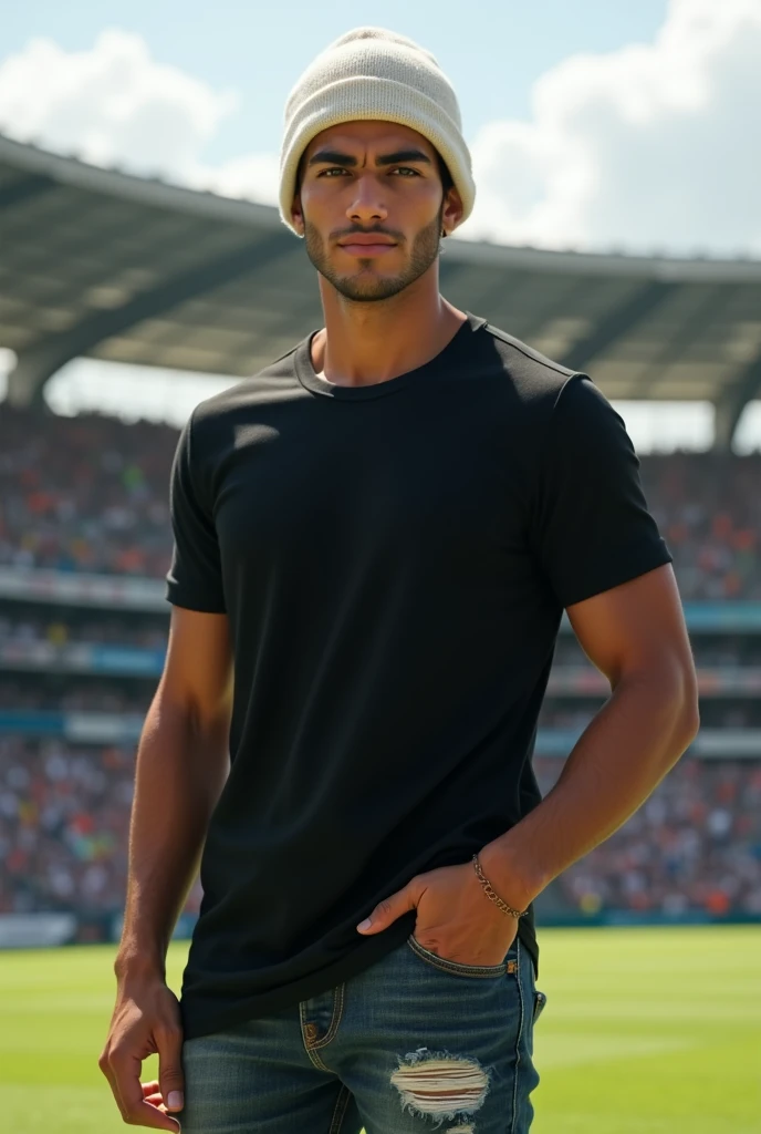 (photorealism:1.2), (8k) (detailed) (Whole body) facial features: Square face with a marked jaw, prominent cheekbones and thick, dark eyebrows. Adds youthfulness to your appearance.hair: hair oscuro, usually combed back or styled slightly tousled, which can vary between short and medium.eyes: eyes verdes oscuros, with a penetrating look that expresses confidence, with hoops on each side.Complexion: slim and well defined. Height 1.80, which gives it an imposing presence.style: Your style of dress: black t-shirt with a white wool hat, ripped jean pants.Skin tone: Skin tone bronceado, typical of the Mediterranean.Expression: He usually has a serious or concentrated expression., Although he can display a charming and confident smile.(standing in a bold pose looking at the camera next to a stadium)