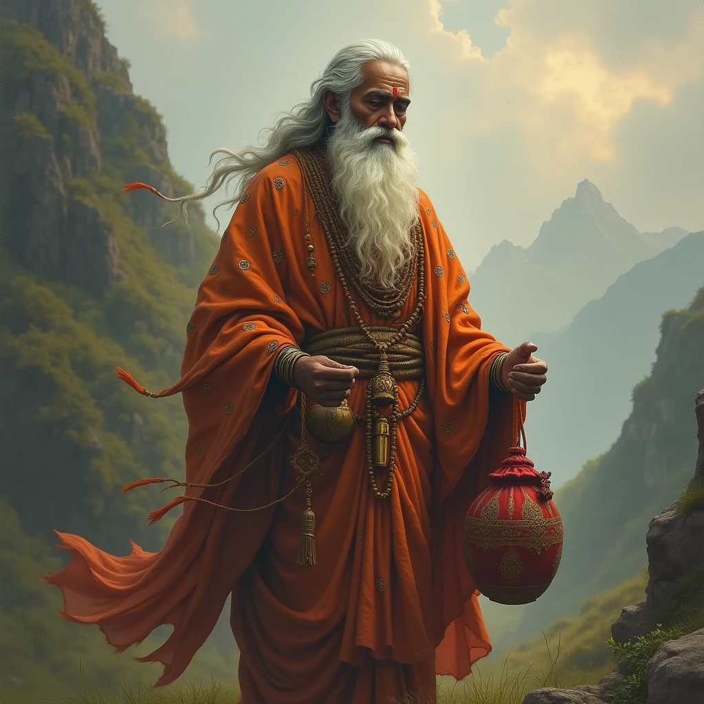 A great Hindu sage, who has a kamandal in one hand and a red bag in the other.
