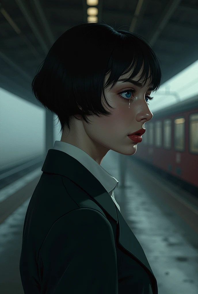 A pale woman with blue eyes and jet black hair dressed in a 1960s aesthetic crying at a train station