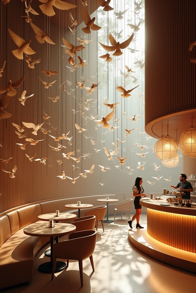 Aesthetic Interior design of a cafe with the concept of murmuration and fluidity and a lots of bird hanging in ceilings in motion
