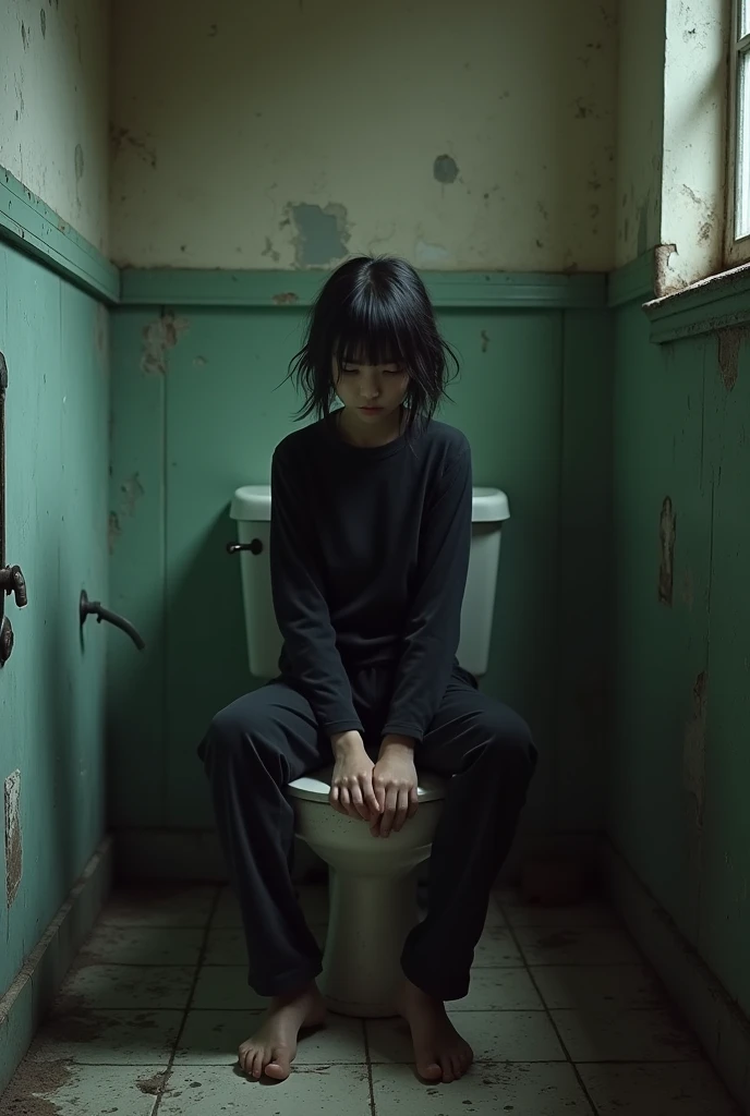 Girl in an old bathroom defecating in the old toilet with black clothes and short hair 