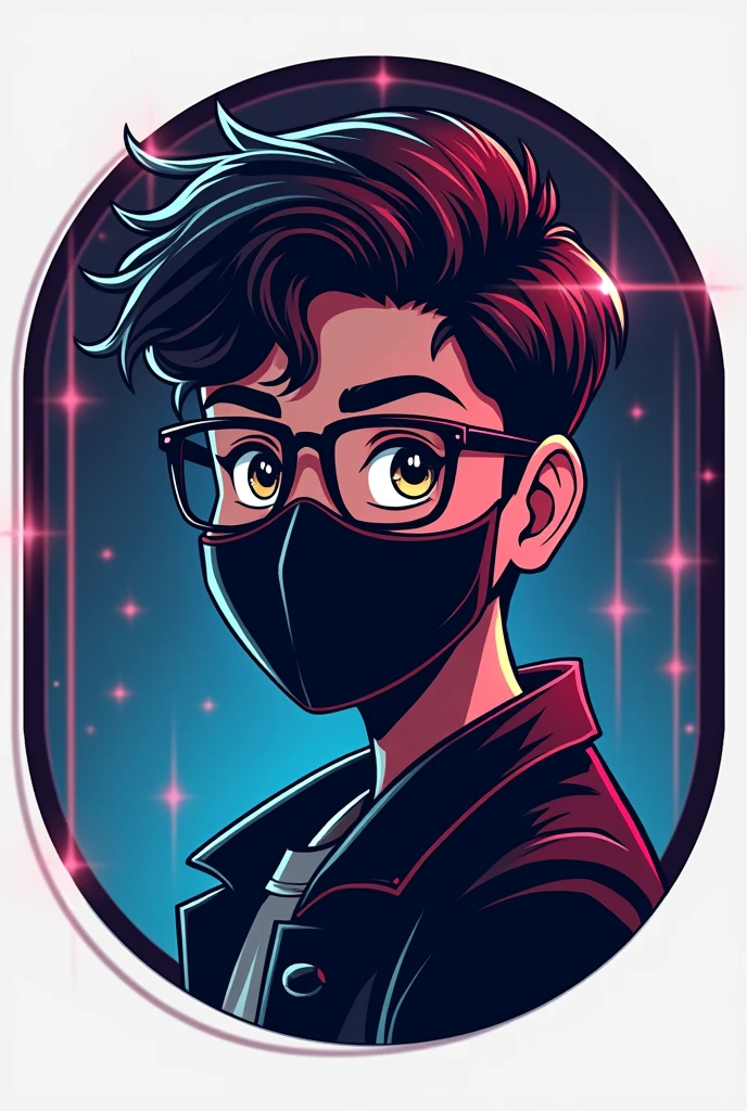 "Design a logo for a YouTube channel that features a young boy facing slightly to the side, with his mouth and nose covered by a sleek, stylish mask. The boy should have a trendy, modern hairstyle, and be wearing glasses that add to his intellectual and youthful appeal. Use a circular frame or background that complements the overall design, incorporating abstract or neon elements for a modern look. The color scheme should include deep, bold tones with highlights that evoke a sense of sophistication and futurism. The logo should capture a sense of mystery, intelligence, and trust, aligning with the themes of self-improvement and motivation."