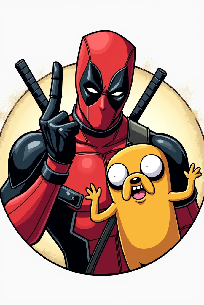 Create a circular manga-style icon panel of Deadpool giving the middle finger next to Jake from Adventure Time