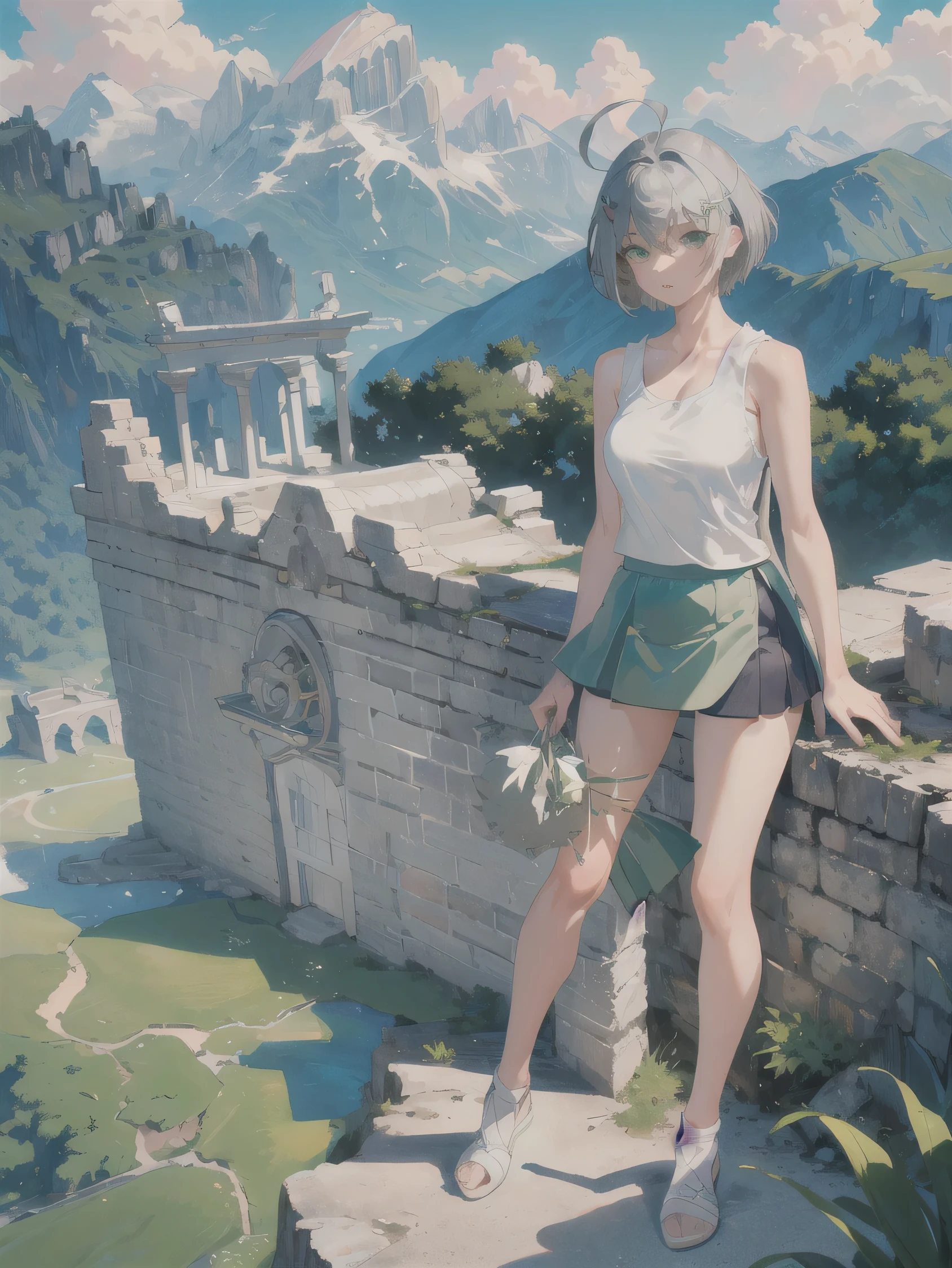 ((masterpiece, Highest quality)), (One person), (alone), (Focus on women), (Ahoge, Gray Hair, short hair), Iris, ((White shirt), (White tank top)), ((Dark green shorts), (Short skirt)), Are standing, Mountain Background, Mountain climbing
,