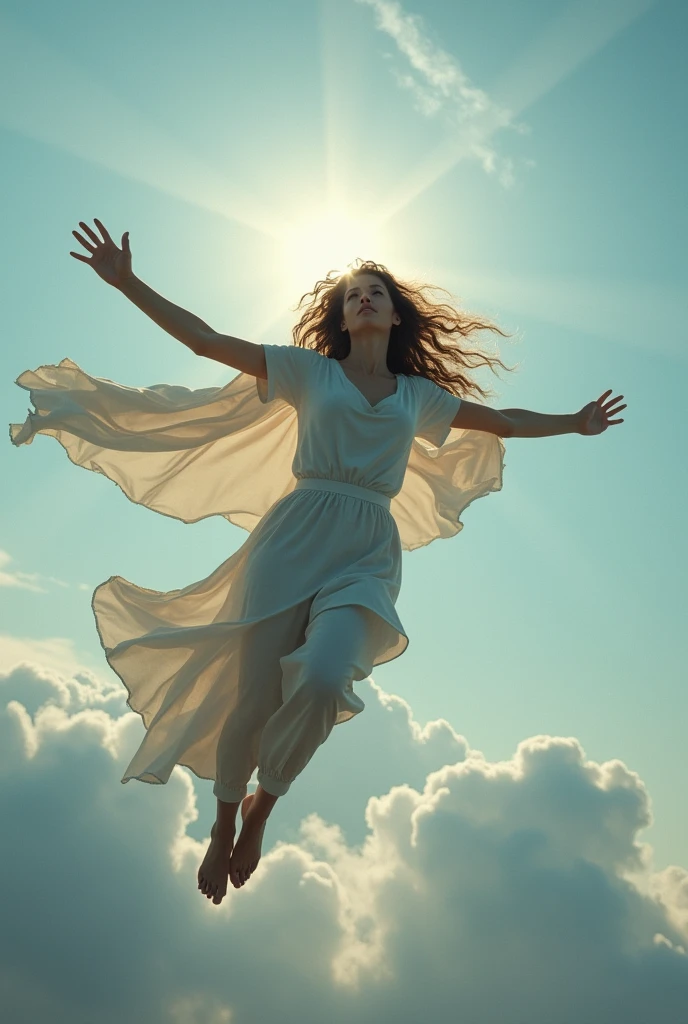 Back view of a woman flying with her arms outstretched and her head held high in the sky