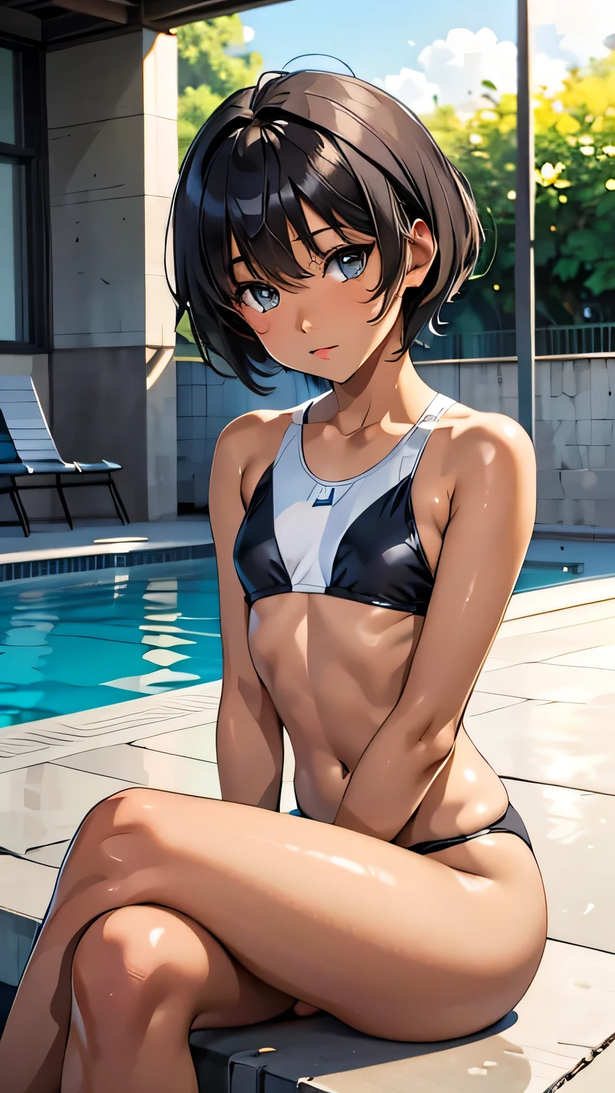 Highest quality、Realistic、、zoom、Primary school students、man、cute、Light grey eyes、Black Hair、short hair、Tanned brown skin、Dark Skin、Swimwear、Flat Chest、、thin、Pool、Sitting with legs crossed、