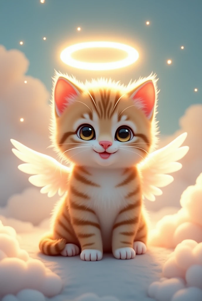 Smiling angelic striped kitten with halo