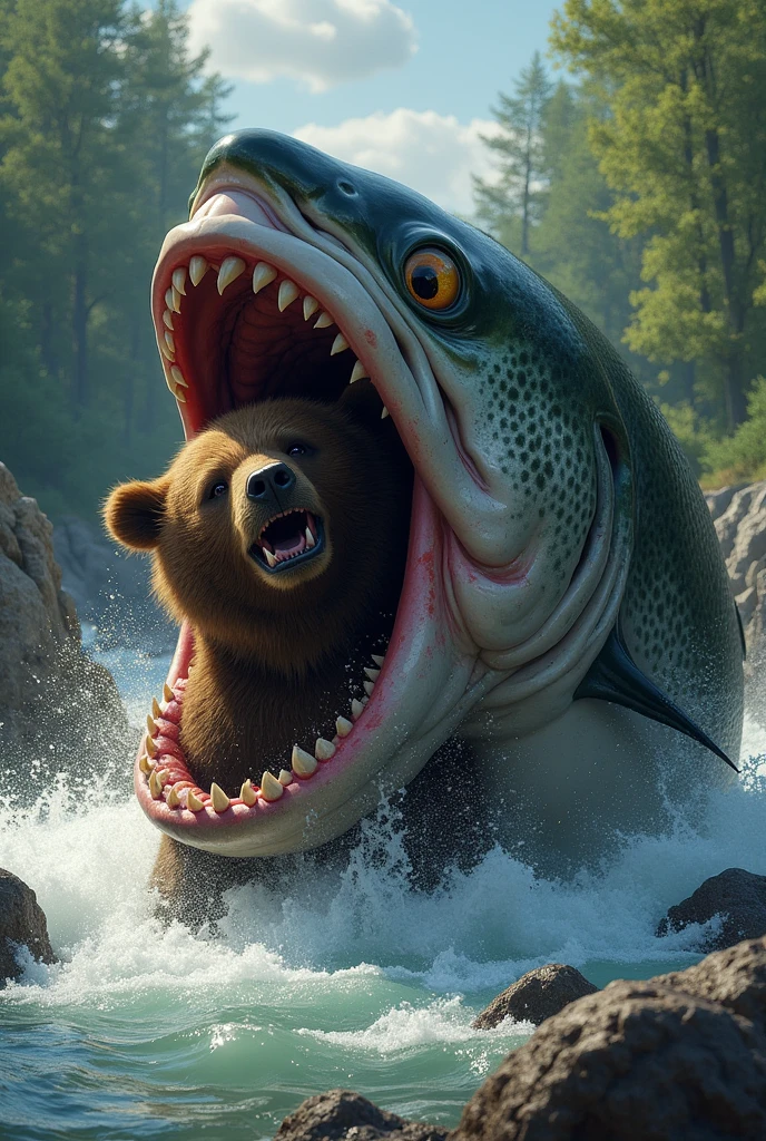 A huge salmon is eating a brown bear in its mouth , クマは怯えている